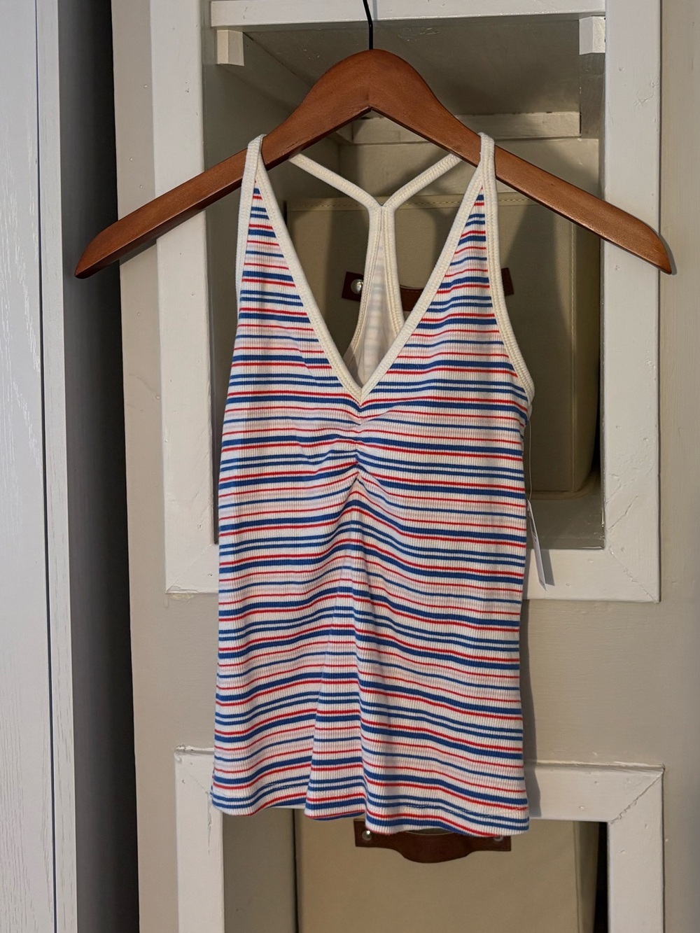 Old Navy White Striped V-Neck Racerback Tank Top